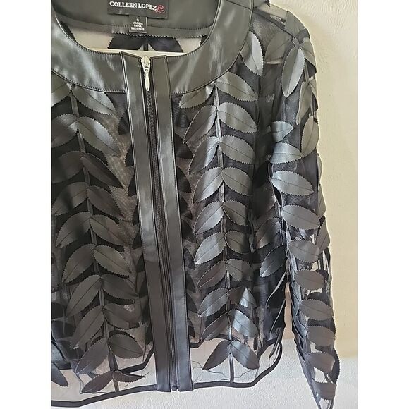 COLLEEN LOPEZ Women's Black Faux Leather Leaf Mesh Jacket SZ Small - Picture 2 of 5